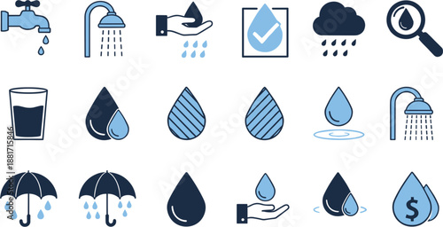 Water and Rain Icons Set with Drops, Shower, Tap, Umbrella, Cloud, and Liquid Symbols for Utilities, Weather Apps, Ecology, Finance, and UI Design