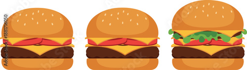 Vector illustration set featuring diverse gourmet cheeseburgers with melted cheese lettuce and tomato on sesame seed buns