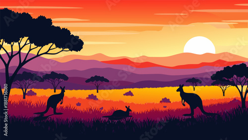 Vibrant Australian Sunset Vector Illustration Featuring Kangaroos in Silhouette Amidst Rolling Hills and Acacia Trees