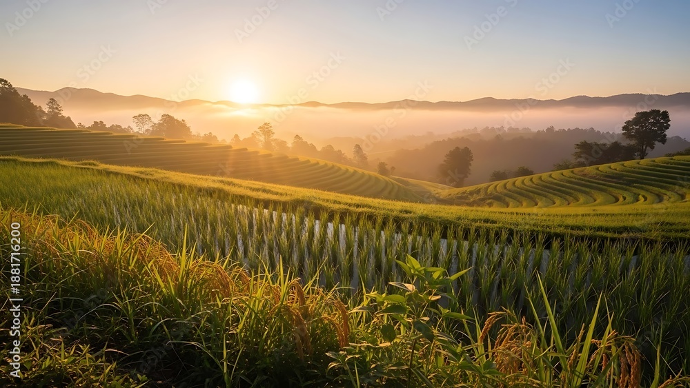 Obraz premium Sunrise over Terraced Rice Fields with Morning Mist and Golden Light.