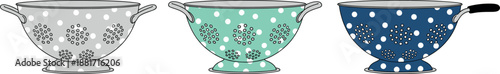 Vector illustration set featuring colorful polka dot kitchen colanders in gray mint green and navy blue for food preparation