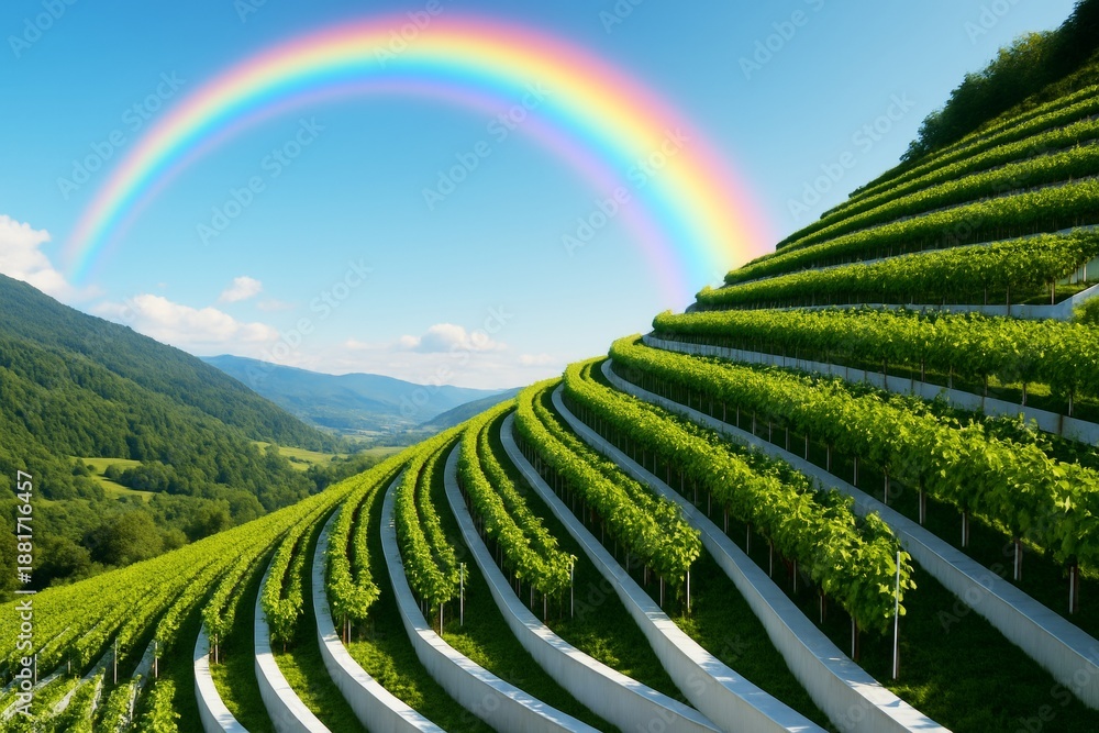 Fototapeta premium Rainbow over terraced vineyard on hillside with lush green plants under clear blue sky and distant mountains in natural light background scene. Ai generative