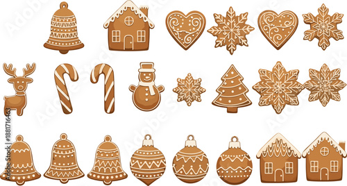 Vector illustration set featuring diverse traditional Christmas gingerbread cookies including reindeer snowmen cottage houses stars and festive holiday ornaments