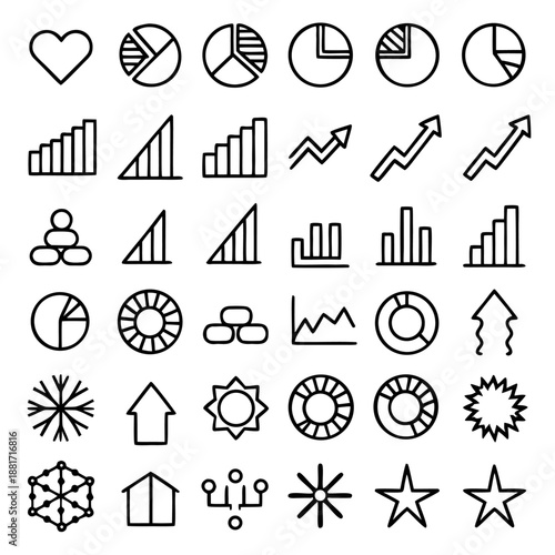 A set of 36 icons representing various data visualization elements including pie charts, bar graphs, line graphs, and other statistical symbols.