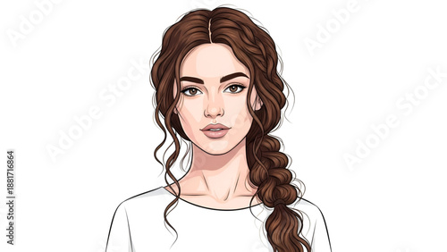 Modern Woman Portrait – Braided Hair Minimal Background Illustration