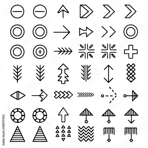 A variety of symbols and arrows arranged in a grid, including circles, arrows, plus and minus signs, and geometric shapes.
