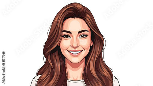 Smiling Woman Illustration – Long Brown Hair Female Portrait on White Background