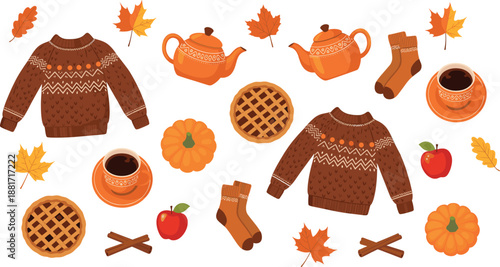 Vector illustration set featuring cozy autumn elements with knit sweaters teapots lattice pies coffee and fall leaves for seasonal branding