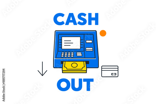 Atm cash withdrawal with card and currency icon on white background
