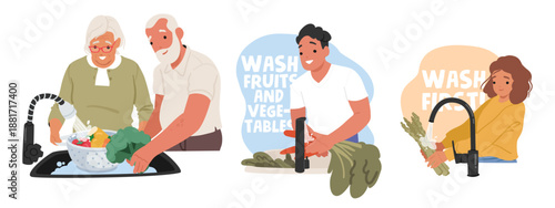 Seniors, young guy and preteen girl cartoon characters washing vegetables and fruits isolated set