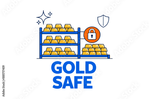 Secured gold storage icon with bars, lock, and shield illustration