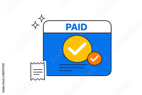 Online payment confirmation with check mark and receipt icon in blue and orange design