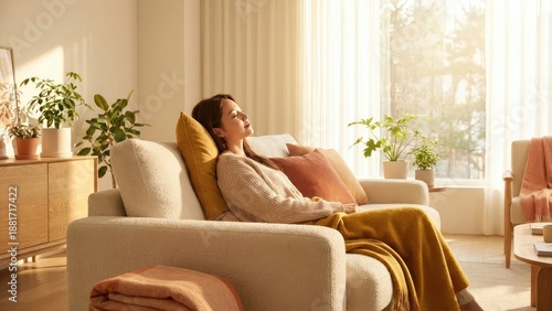 Peaceful woman enjoying sunlight indoors concept. A woman relaxes on a sofa, enjoying a sunny, serene moment.