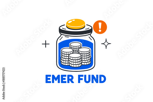 Emergency fund savings: stacked coins in glass jar with exclamation mark