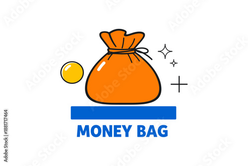 Illustrated orange money bag with sparkles and yellow circle on white background