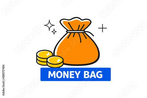 Illustrated money bag with coins and sparkles on white background