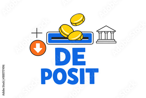 Coin deposit illustration with iconic bank symbols and download arrow