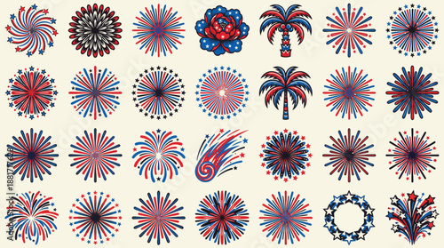 Stylized Fireworks Vector Set – Colorful Burst, Spiral, Palm, Floral Celebration Icons for Holiday, Festival, Party, New Year, Graphic Design Clipart