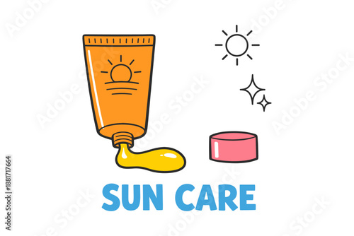 Illustrated sunscreen tube with sun icon and decorative elements on white background