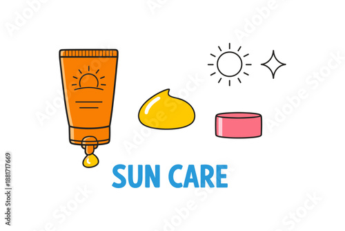 Colorful sunscreen set with sun icon and cream blob