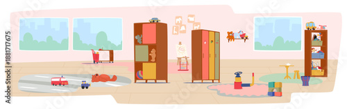Empty bright and colorful kindergarten room, cozy play area interior design cartoon background