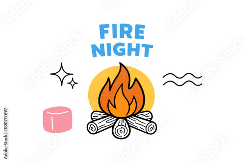 Campfire night illustration with marshmallow and firewood