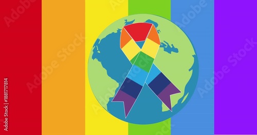 Animation of rainbow awareness ribbon on globe over rainbow stripes