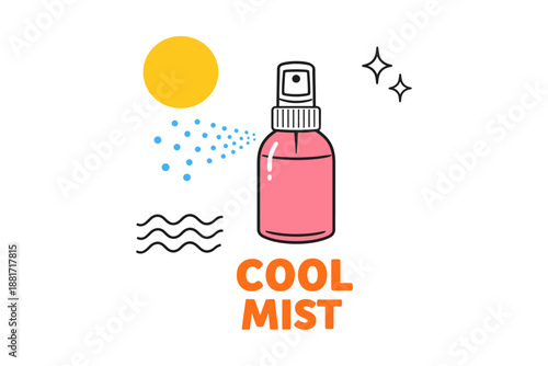 Refreshing pink spray bottle with cool mist under sun illustration