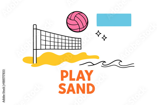 Colorful beach volleyball illustration with net, ball, and waves
