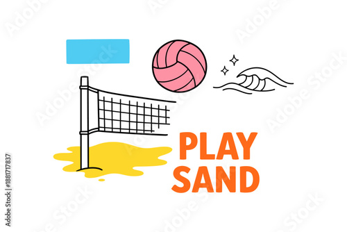 Cartoon beach volleyball play sand illustration with net and waves