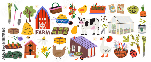 Big set of village life stickers in cartoon retro style. Rural life icon set, farm, barn, vegetables, flowers, hive, bees, greenhouse, farm animals, gardening. Cozy countryside vector elements