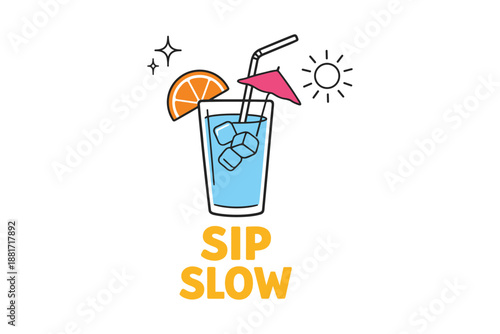 Colorful summer drink with ice, orange slice, and umbrella