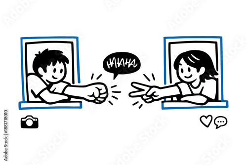 Cartoon illustration of two people playing rock-paper-scissors through windows