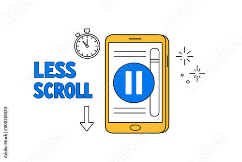 Digital wellbeing concept: yellow smartphone with pause symbol encouraging less scrolling
