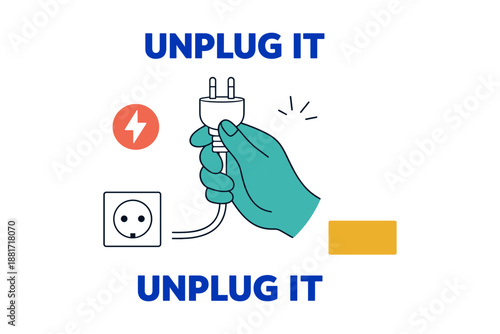 Illustration of hand unplugging electric cord with safety symbols