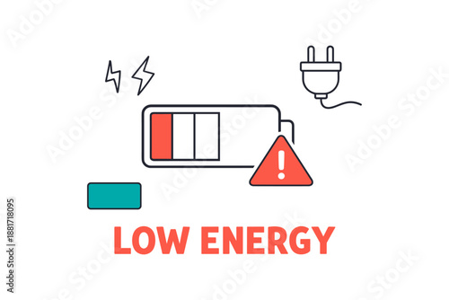 Low energy concept: battery icon with alert and plug