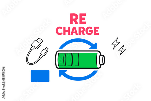 Recharge concept with battery and usb charging cable icon