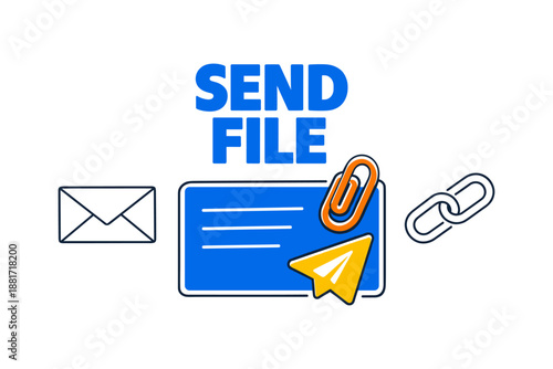 Digital file sharing concept with envelope and paperclip icons