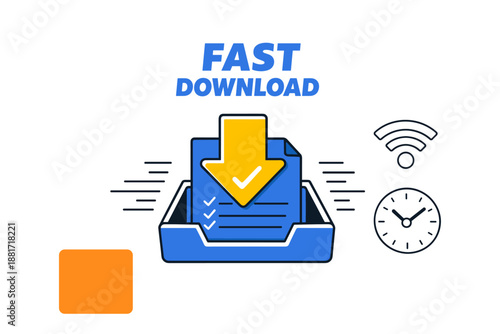 Fast download icon with wireless signal and clock illustrations showcasing quick file transfer