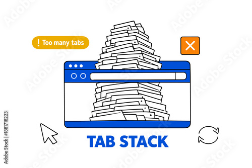 Digital overload: animated web browser filled with endless stacked tabs