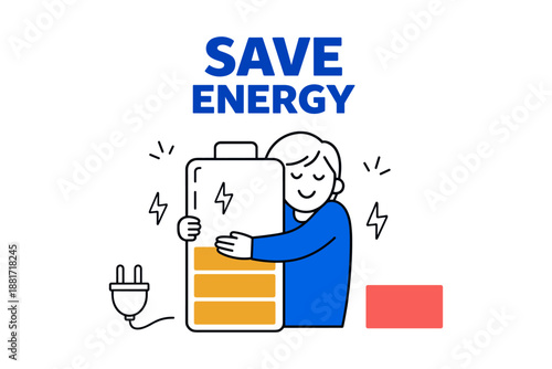 Cartoon character embracing battery to promote energy conservation