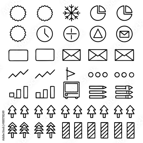 The image contains a collection of various icons including snowflakes, clocks, mathematical symbols, envelopes, graphs, computer icons, trees, and striped rectangles.