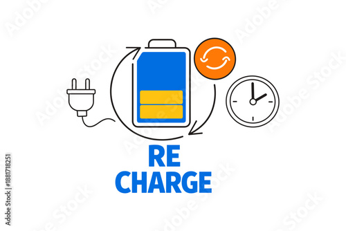 Recharge symbol with battery, power plug, and clock icon for energy renewal