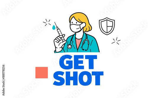 Female healthcare worker with mask holding syringe for vaccination campaign