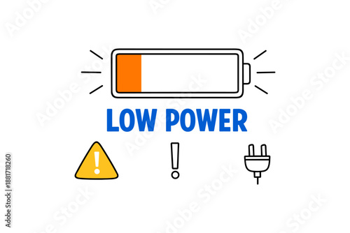 Low battery warning with symbols of alert and plug for power management
