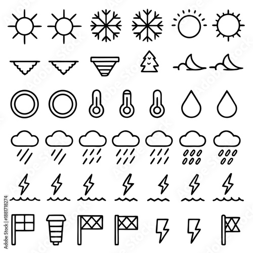 A collection of various weather-related icons including sun, snow, clouds, temperature, wind, rain, and lightning symbols.