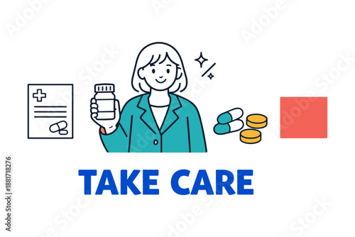 Female healthcare professional holding medicine with prescription and pills
