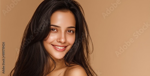 Natural Beauty Portrait of a Smiling Woman on Beige Background