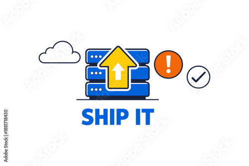 Software deployment icon with servers and upward arrow indicating successful update