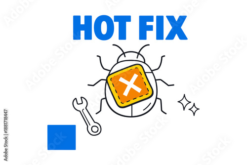 Hot fix concept with bug illustration and repair symbols